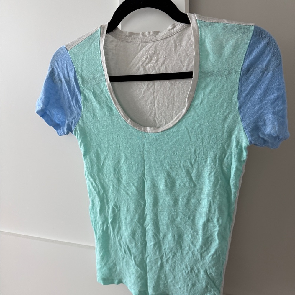 J. Crew Linen Mint and Blue Scoop Neck Tee
